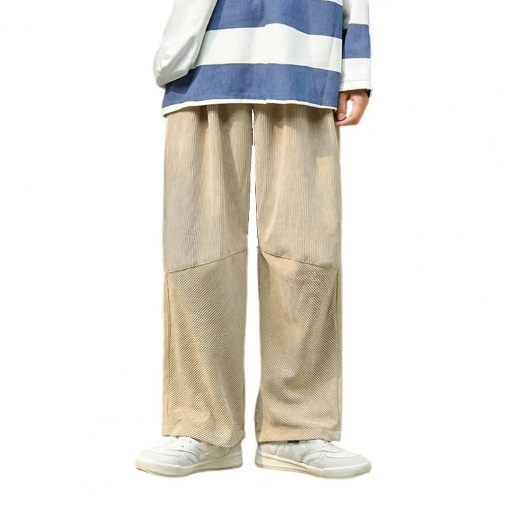 Autumn Men Pants Solid Color Wide Leg Elastic Waist Loose Straight Corduroy Trousers Relaxed Fit Corduroy Pants for Jogging voguable