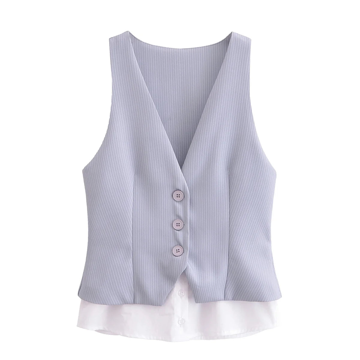 Women Patchwork Striped Temperament Vest Front Button V Neck Sleeveless Waistcoat Spring Summer Chic Tops voguable