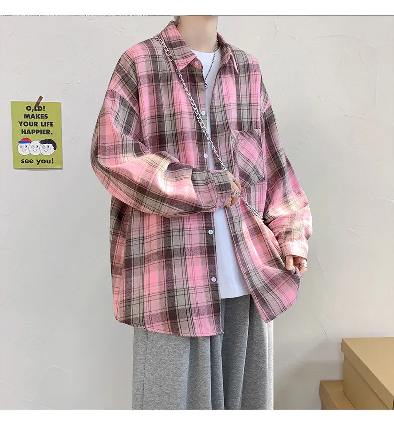 Harajuku Long Sleeve Plaid Shirts Men Big Size M-5XL Autumn Chic Loose Vintage High Street All-match Gentleman Camisa voguable