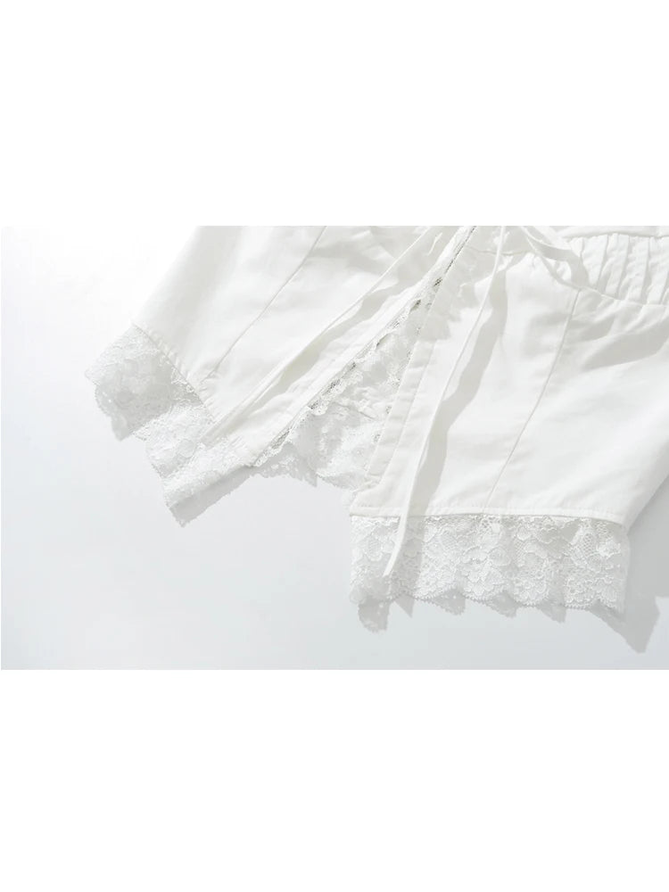 Voguable  New Fashion Women Lace Spliced White Tank Top Sleeveless Lace Up Sexy Collar Ladies Summer Crop Top voguable