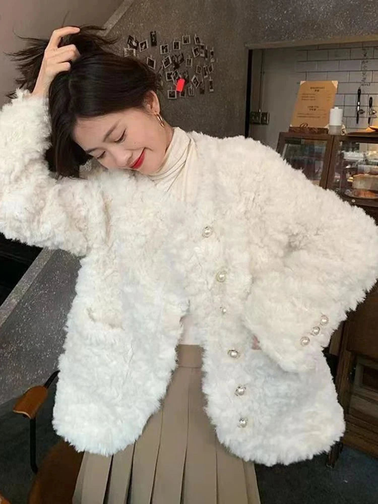 Women Sweet Cute Faux Lamb Coat Winter Warm Thick Slim Long Sleeve Vintage Jacket Korean O Neck Elegant Pearls Buttons Tops New voguable