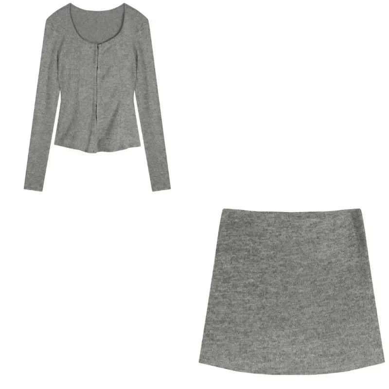 Voguable  Autumn Sexy 2 Piece Dress Set Elegan Casual Long Sleeve Knitted Suits Y2k Crop Tops + Bodycon High Waist Mini Skirt Korean voguable