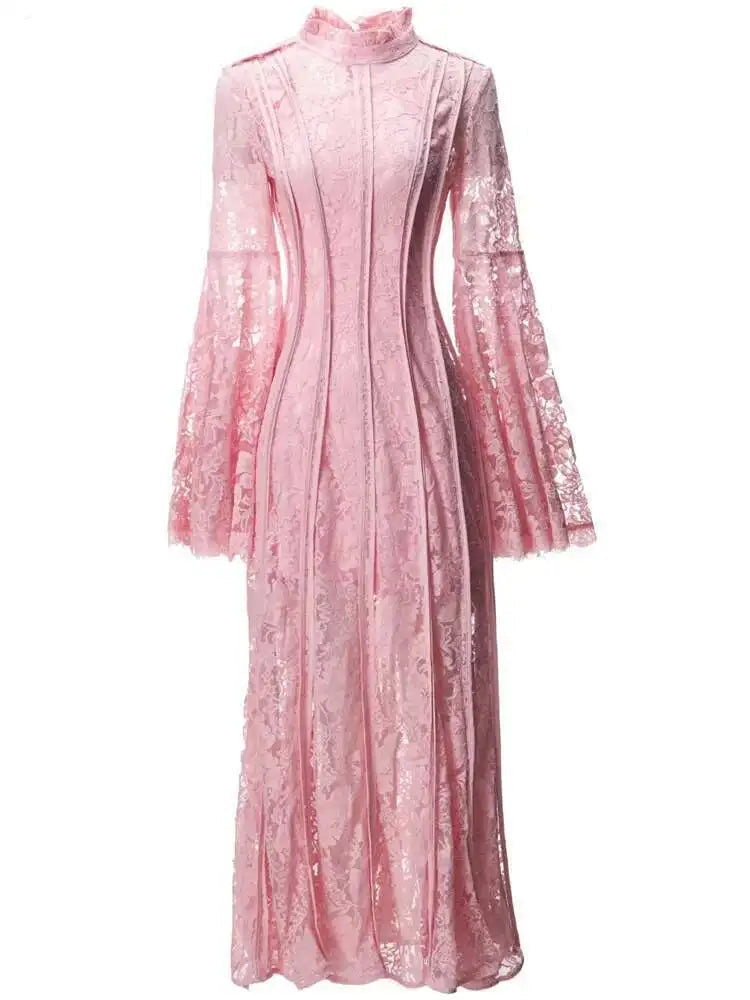 Solid High Quality Evening Dresses For Women Stand Collar High Waist Long Sleeve Thin Elegant Dress Female Clothing voguable