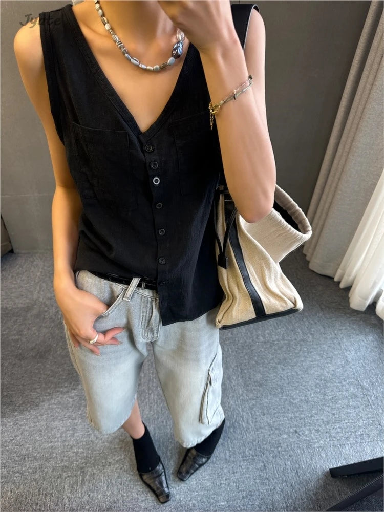 Casual Women Thin Cotton Summer Vest New V-neck Pocket Single Breasted Office Lady Tank Beige Black Fashion Sleeveless Top voguable