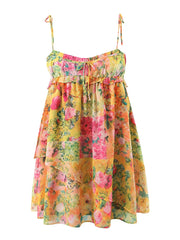 Bow Ruched Bra Corset Style Flower Print Spaghetti Strap Mini Dress Women Backless Skater Lacing up Sling Robe Holiday voguable