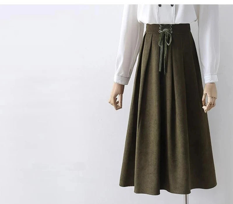 Preppy Style Vintage Long Skirts Women High Waist Sweet Loose A Line Skirt Lace Up Retro Fall Winter Female Elegant Long Skirts voguable