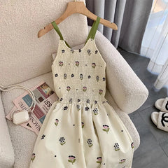 Voguable Women Round Neck Sexy Slim Fit Floral Print Suspender Dresses  Summer Casual Hollow Out High Waist Lace-up Fairy Dress voguable