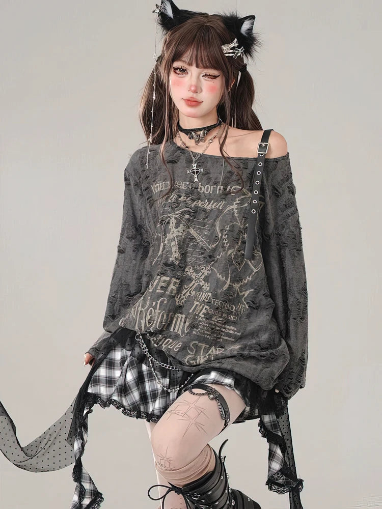 Gothic Vintage Oversize Long sleeve T shirt Women Sweet Sexy Off shoulder Tops Spring Autumn Fashion Holes Basic Tees voguable