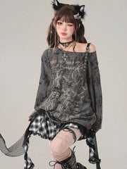 Gothic Vintage Oversize Long sleeve T shirt Women Sweet Sexy Off shoulder Tops Spring Autumn Fashion Holes Basic Tees voguable