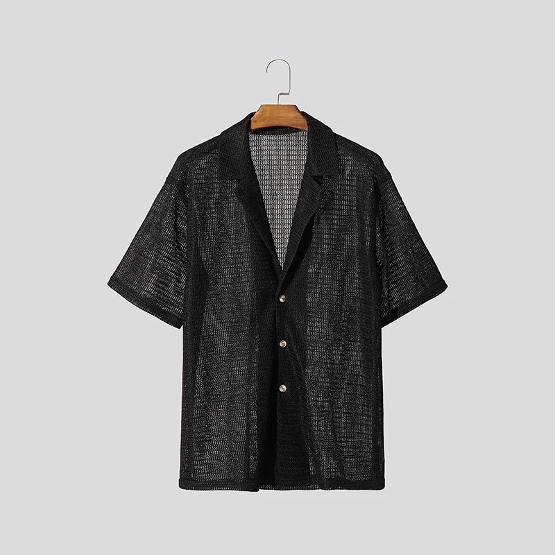 Summer Men Shirt Mesh Transparent Lapel Short Sleeve Streetwear Men Clothing 2025 Solid Color Sexy Oversize Male Shirts voguable