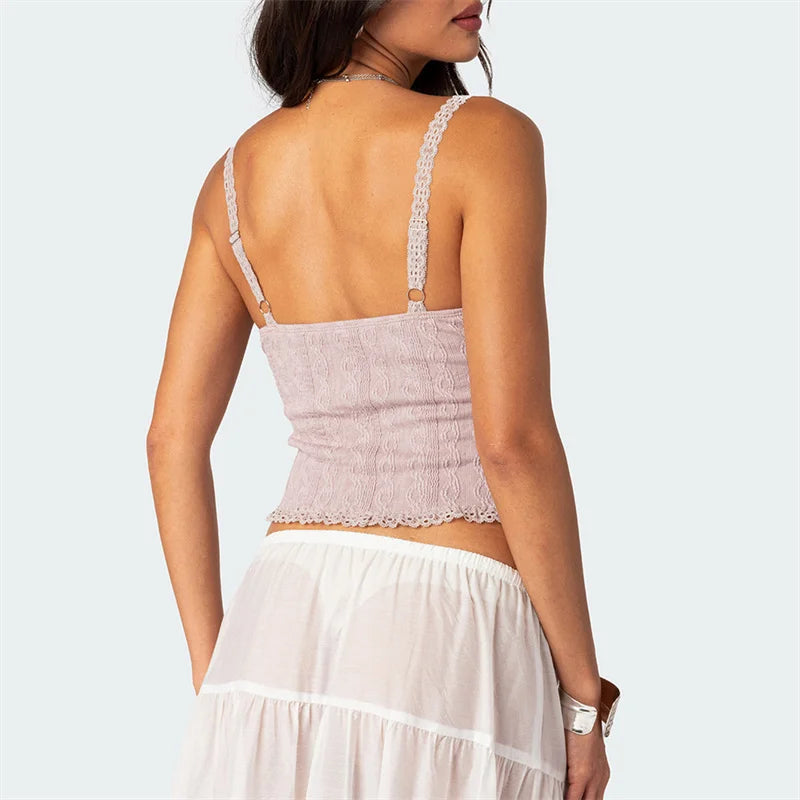 Lace Trim Tank Top Summer Women Solid Color Spaghetti Strap Sleeveless Camisole with Bow y2k Aesthetic Clothes Clubwear voguable