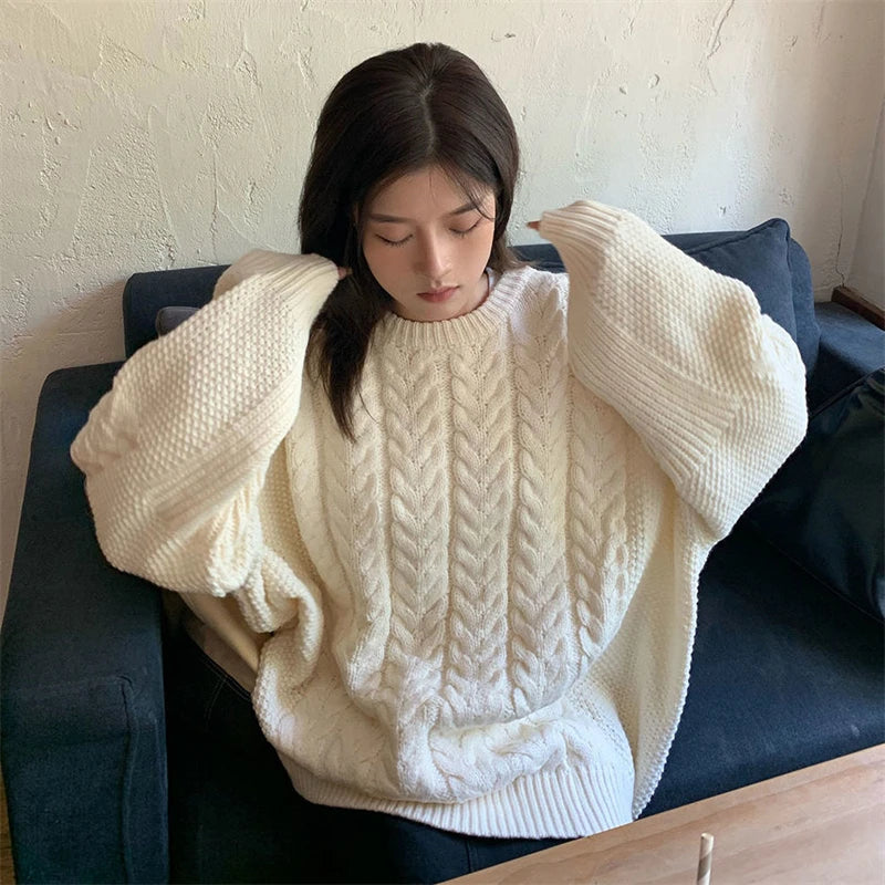 Cable Knit Sweater for Women Long Sleeve Crew Neck Oversized Pullover Plain Jumper Ladies Autumn Winter Slouchy Casual Outfit voguable