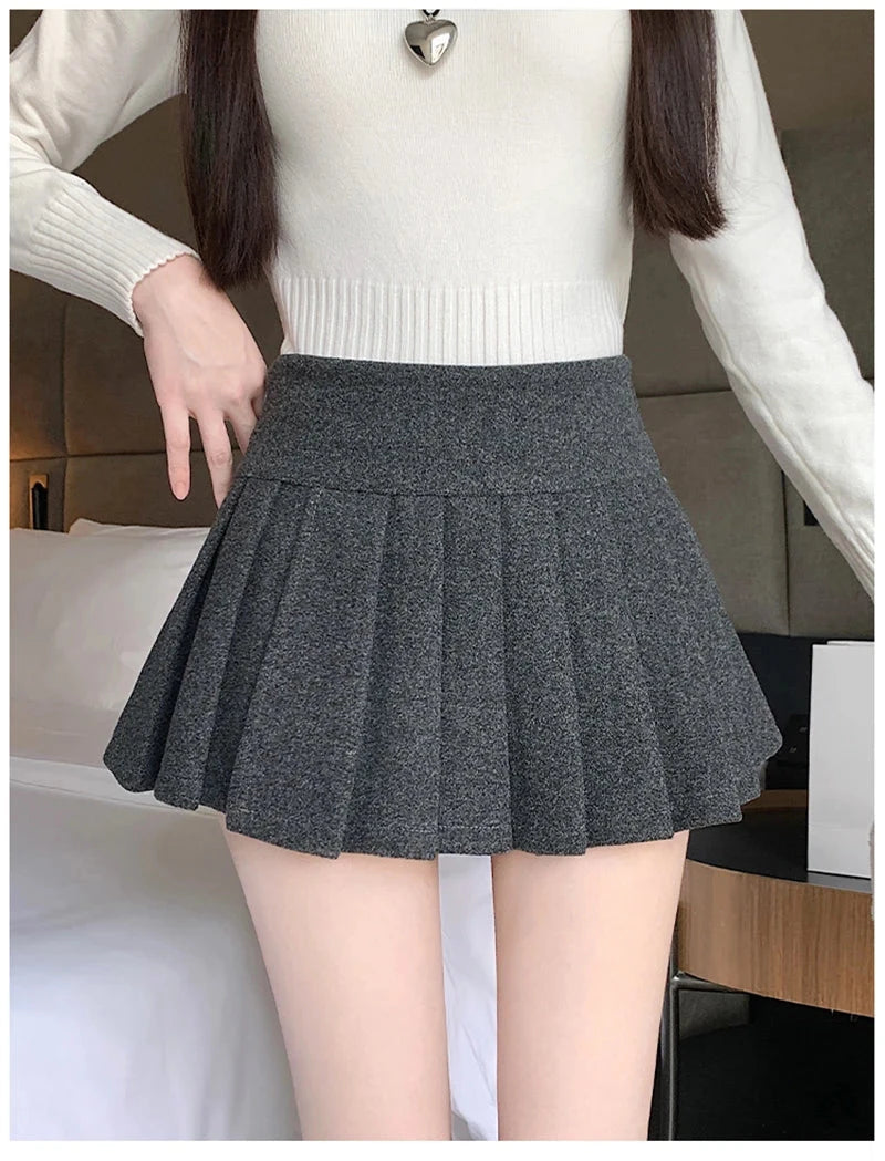 Retro Faux Woolen Pleated Skirt Women Sweet Slim Sexy Mini A Line Skirts Preppy Style High Waist Fall Winter Korean Skirt voguable