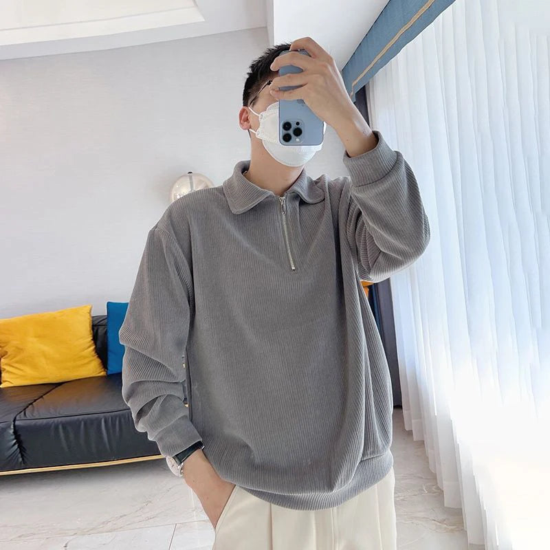 Voguable  Fall Winter Zipper Long Sleeve Men Polo Sweatshirts Casual Fashion Harajuku Oversized Pullovers Punk Streetwear Black White Gray voguable