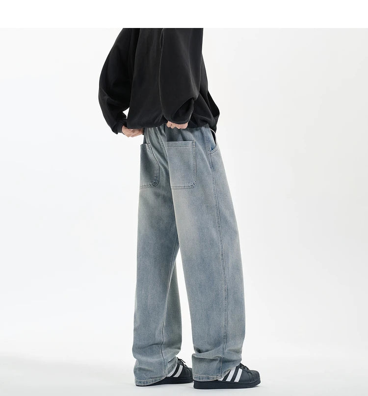 New Men's Jeans Washed Jeans Pants Unisex Drawstring Denim Pants Male Streetwear Korean Straight cylinder loose Cowboy Trousers voguable