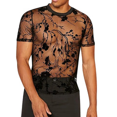 Summer Men's Clothing Mesh Lace Knit T-shirt Streetwear Hollow-Out O Neck Sweater Short Sleeve Tees Rose Printed Luxury Knitwear voguable
