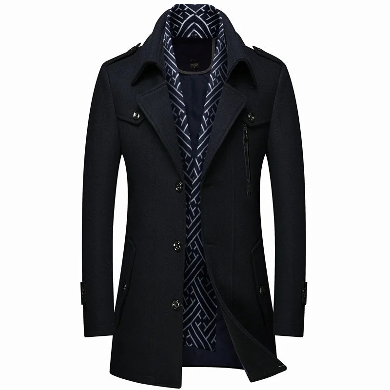 Winter Men's Woolen Coats Fashion Thicken Mid Length Trench Solid Turn Down Collar Warm Outerwear Business Casual Wool Coat Men voguable