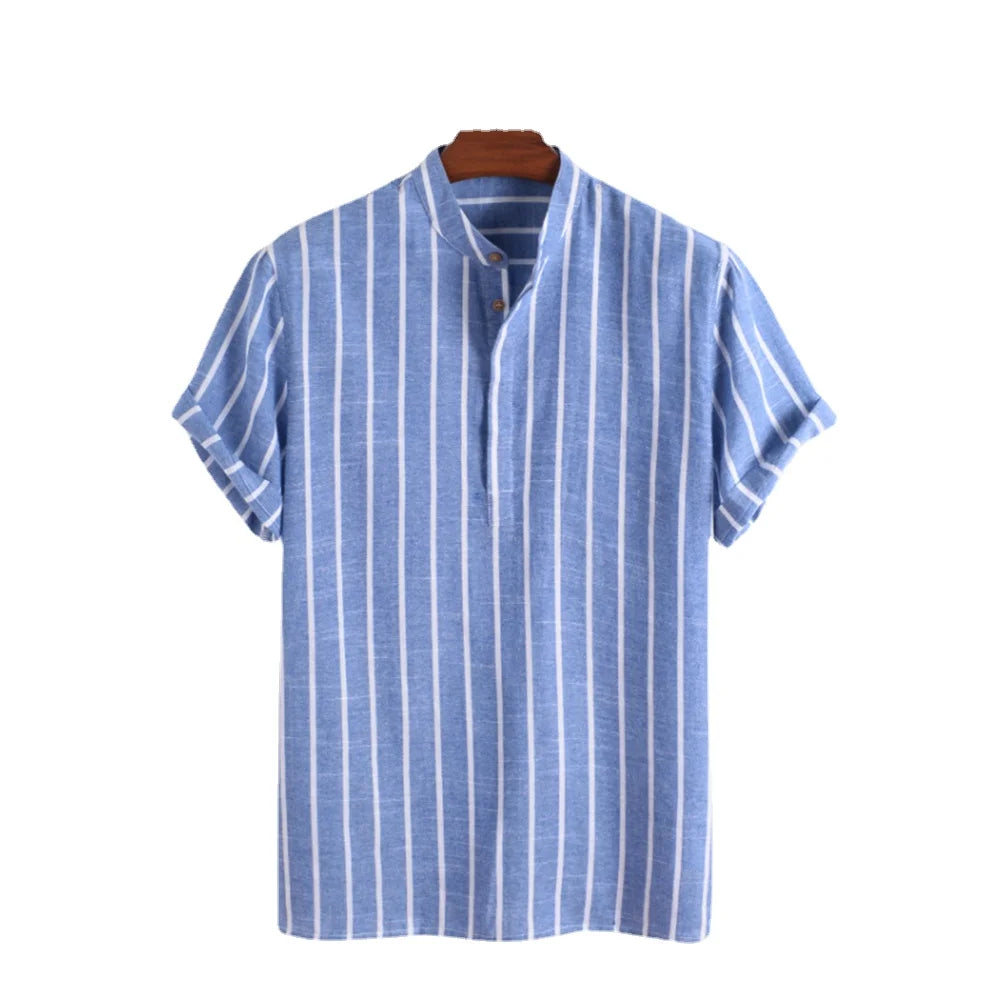 Voguable Summer Spring Men Casual Striped Blouse Shirts Male Turn Down Collar Short Sleeve Button Loose Sand Beach Tops M-3XL voguable
