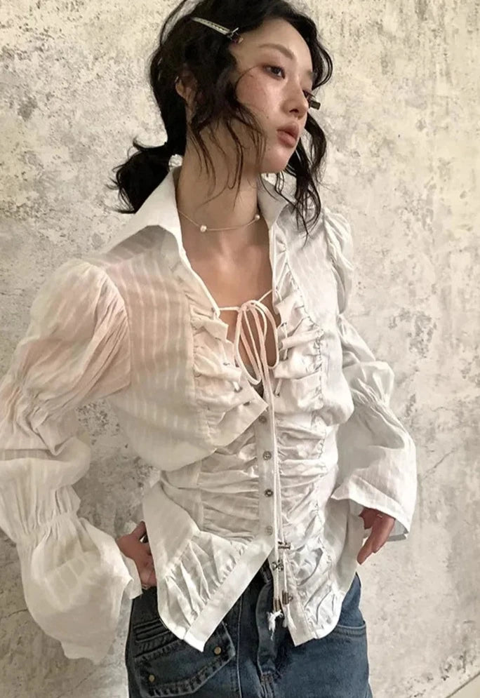 Yedinas Fairycore Style Blouse Women Clothes Flare Sleeve Lace Up Single Breasted Bowknot Shirt Women Tops 2023 Autumn Chic Y2k voguable
