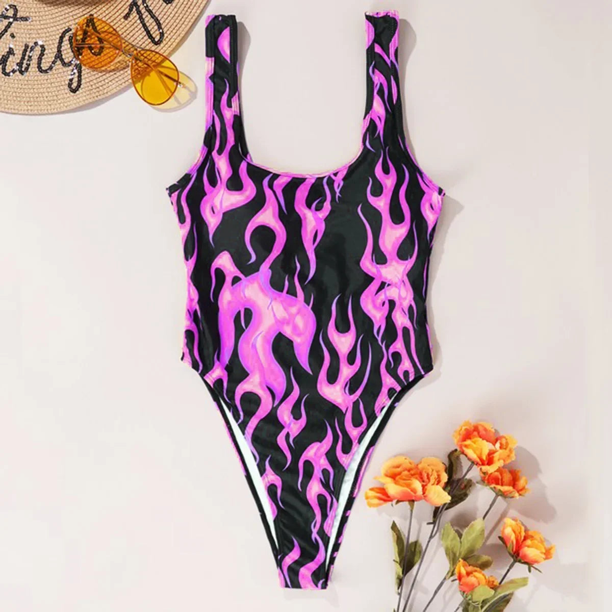 Voguable  Flame-print One-piece Swimsuit Women Sexy U-neck Slim Beach Bikini Suspender Backless Monokini Summer Swimwear Bodysuit voguable