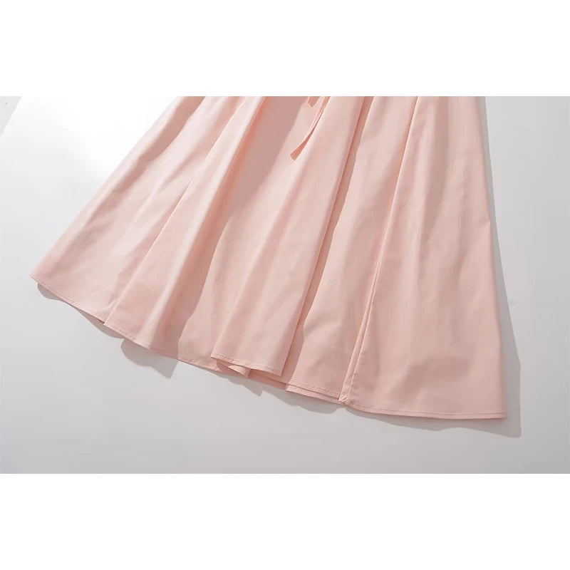 Voguable  Elegant Women Sexy Cross Lacing Up Bandage Back Pink Sling Dresses Summer Sleeveless Slit Hem Female Party Midi Robe voguable