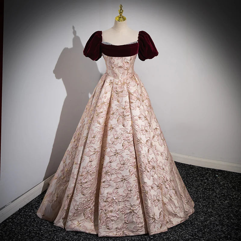 Voguable  Luxurious Off The Shoulder Evening Dresses New Women Pink Puff Sleeves Jacquard Exquisite Party Prom Gowns Wedding Dresses voguable