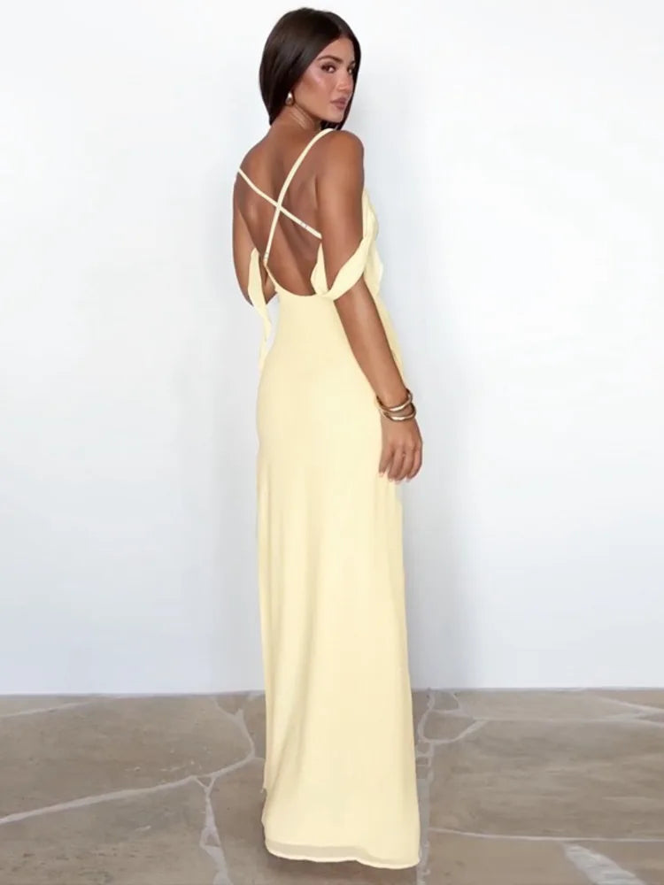 Spaghetti Strap Backless Sexy Maxi Dress Women Gown Summer Fashion Off-shoulder Draped Bodycon Club Party Long Dress voguable