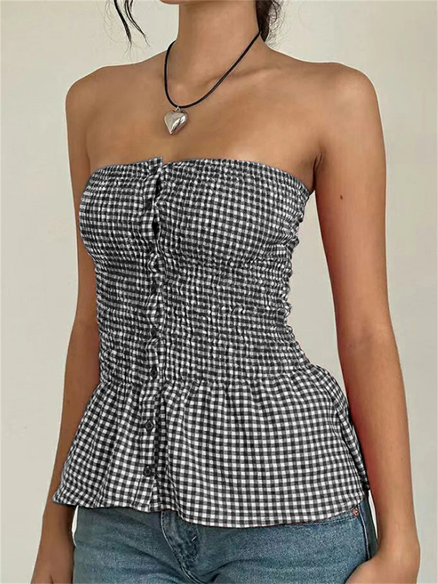 Y2k Red Gingham Crop Top Womean Sexy Strapless Ruffle Hem Sleeveless Button Cami Coquette Aesthetic Plaid Print Crop Top Summer voguable