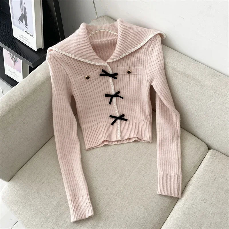 Voguable  Autumn Pink Sweet Cardigan Long Sleeve Y2k High Waist Knitted Coats Tops Japan Style Bow Sweaters Kawaii Slim Fit Women voguable