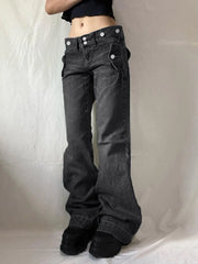 Safari Style Button Decoration Jeans Basic Loose Low-Waisted Wide Leg Pants Women Autumn Winter Streetwear Ladies voguable