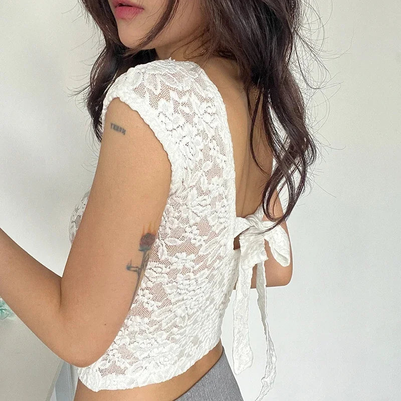 Y2K Lace Patchwork Women T Shirt French Sexy Backless Lace-Up Short Sleeve White Crop Tops Female Summer Slim Bottoming Tees voguable