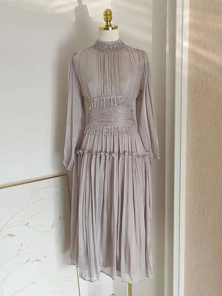 French Niche Design Diamond Spliced Pleats Bright Silk High Waist Dresses For Women Long Sleeve Maxi Dress New voguable