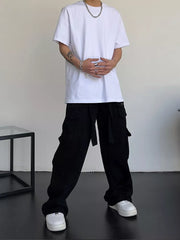High street retro casual large pocket overalls men's and women's new summer high waist loose straight tube draped wide leg pants voguable
