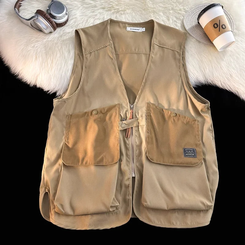 Voguable  Japanese Men's Autumn New Patchwork V-neck Zippered Pocket Fashion Solid Colo Loose Sports Versatile Sleeveless Vest Jacket voguable