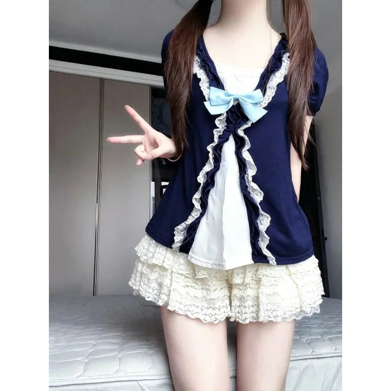 Voguable  American Retro Y2K Lace Ruffle Bow Top + Tiered Lace Mini Skirt Two Piece Set Vintage Harajuku Sweet Girl Streetwear Outfit voguable