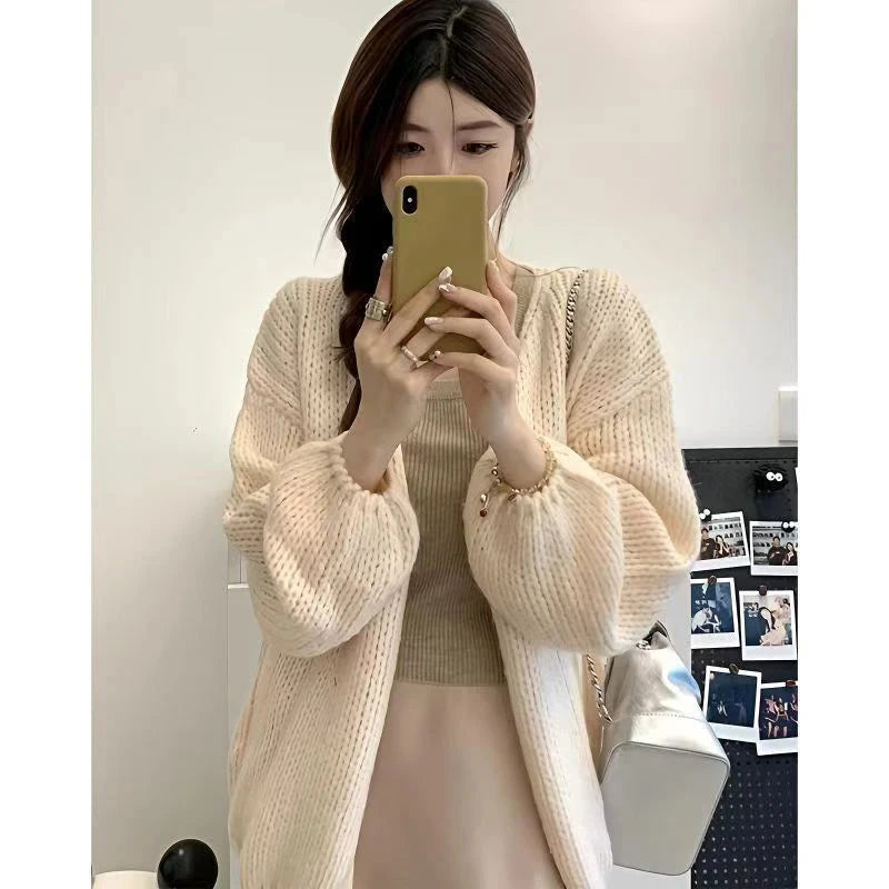 Lazy Wind Retro Cardigan Women Casual Loose Long Sleeve Korean Knitted Sweaters Coats Vintage Fall Winter Simple Solid Tops New voguable
