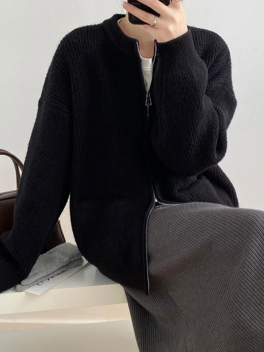 Sweater Cardigan Women Autumn Double Zipper Casual Korean Knitwear Coat Solid Color Loose Soft Long Sleeve Jackets Outerwear voguable