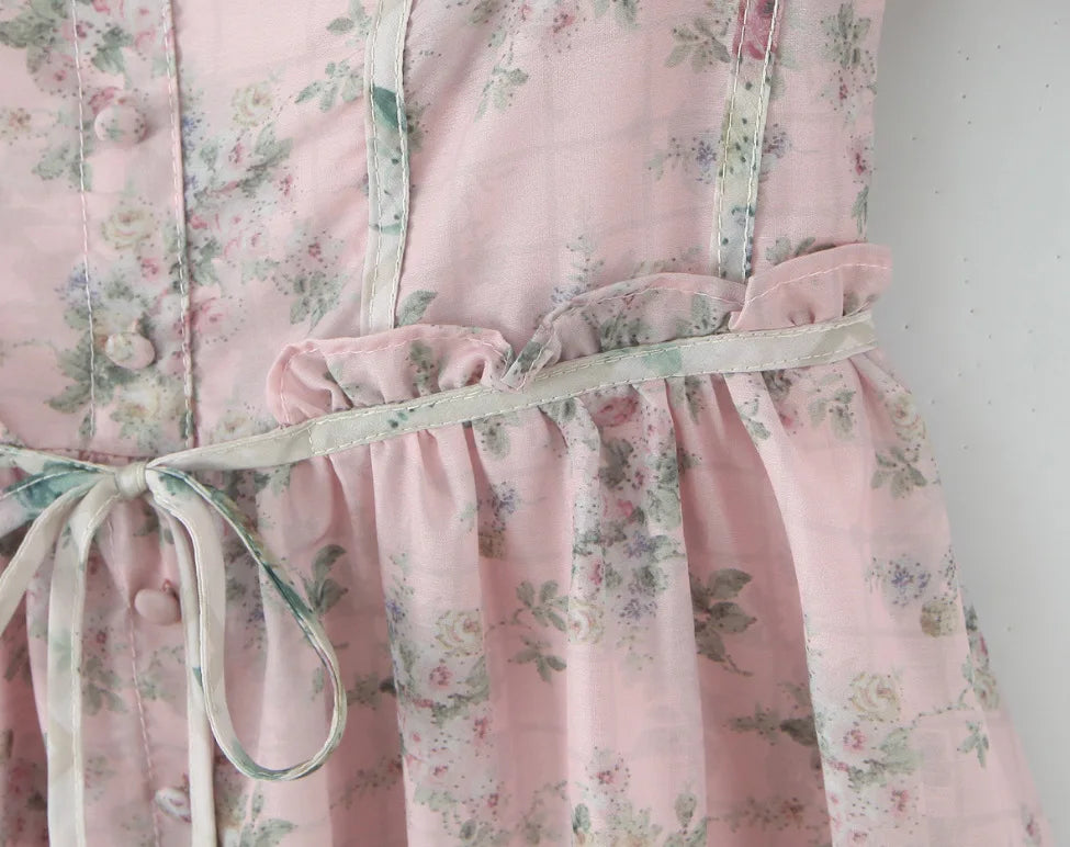 Fashion Pink Floral Contrast Color Dress Women's Square Collar Slim Fir Lace Up Waist Mid-calf Dresses Summer New 3A109 voguable