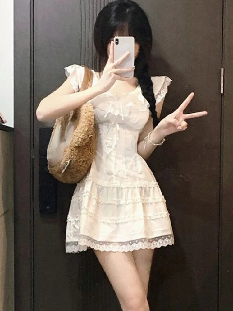 Voguable Summer Y2k Coquette White Lolita Sweet White Kawaii Cute Mini Dress Women Lace Bow Princess Slip Lace Short Dresses 2024 Fashion voguable