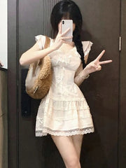 Voguable Summer Y2k Coquette White Lolita Sweet White Kawaii Cute Mini Dress Women Lace Bow Princess Slip Lace Short Dresses 2024 Fashion voguable