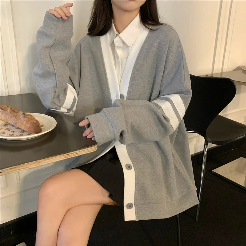 Varsity Cardigan Sweater for Women Long Sleeve V-Neck Button-up Knit Slouchy Cardi Korean School-girl Preppy Fall Winter Outfit voguable