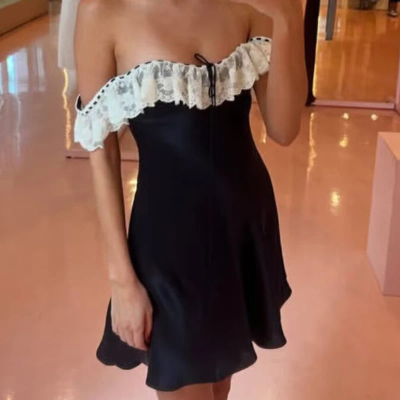 Romantic Girl Lace Spliced Sexy Off Shoulder Dress Women Short Sleeve Slim A-line Mini Dresses Summer Robe voguable