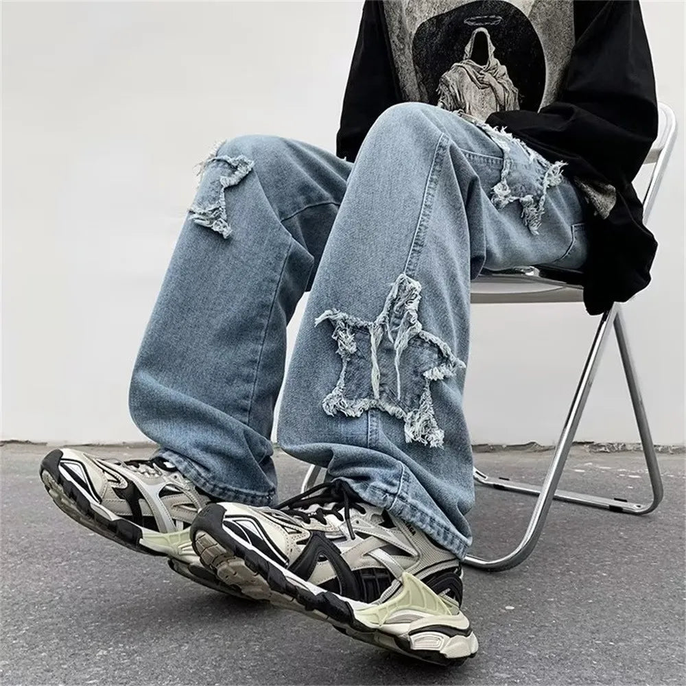 New Fashion Stars Towel Embroidery Baggy Men Jeans Pants Y2K Clothes Straight Hip Hop Cotton Trousers Pantalon Homme mens jeans voguable