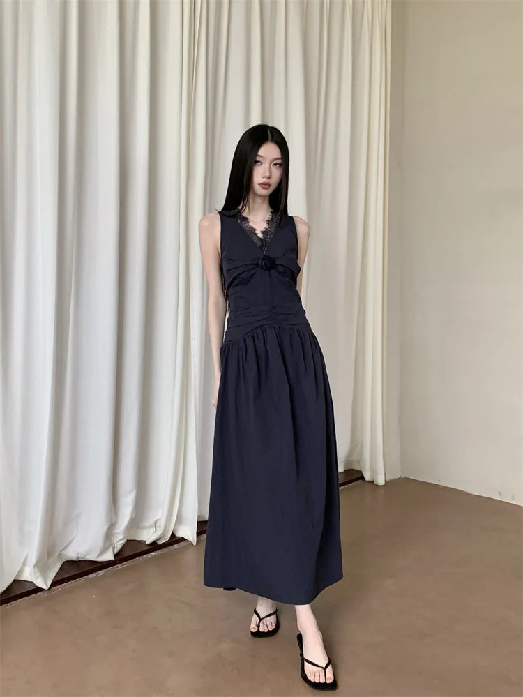 Lace Pathwork Sleeveless Long Modest Dress Summer 2025 Party Evening Dress 2025 V Neck Tunics A Line Midi Dress Clothes voguable