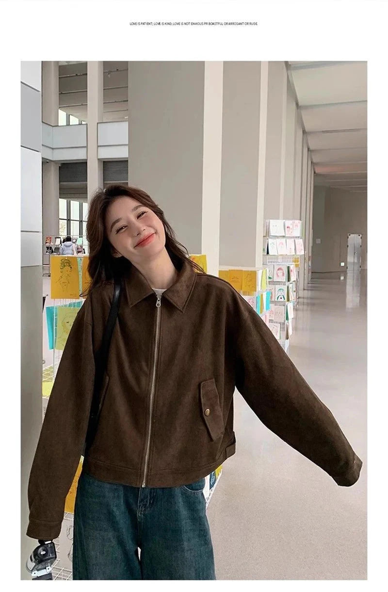 American Y2K Jacket Women Vintage Loose Faux Suede Long Sleeve Casual Coat Hip Hop Fall Winter Lady Streetwear New Outwear voguable