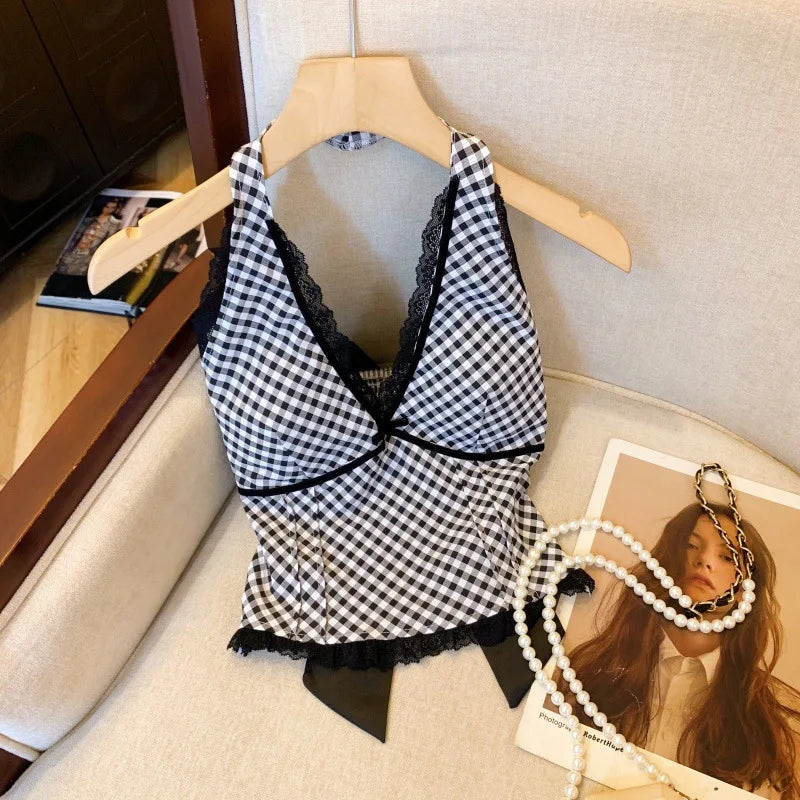 French Sweet Spicy Camis Hanging Neck Camisole Lace Patchwork Plaid Print Short Top Sexy Deep V-neck Bandage Halter Crop Tops voguable