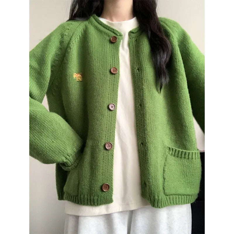 Autumn Winter Women Green Sweaters Coats O-Neck Pockets Embroid Button Fashion Sweet Lazy Wind Long Sleeve Cardigan Knit Tops voguable