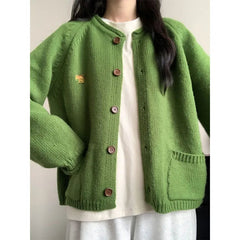 Autumn Winter Women Green Sweaters Coats O-Neck Pockets Embroid Button Fashion Sweet Lazy Wind Long Sleeve Cardigan Knit Tops voguable