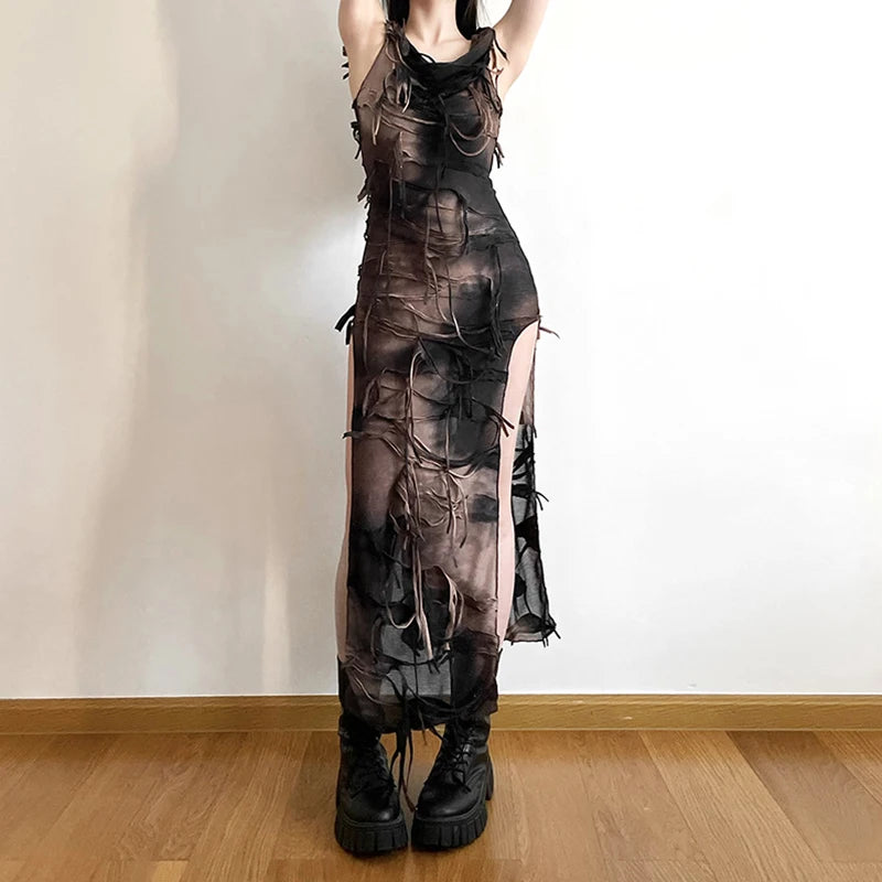 Grunge Dress y2k Women Clothes Tie Dye Print Sleeveless Side Split Hooded Dress Gothic Party Dresses Halloween Costume voguable