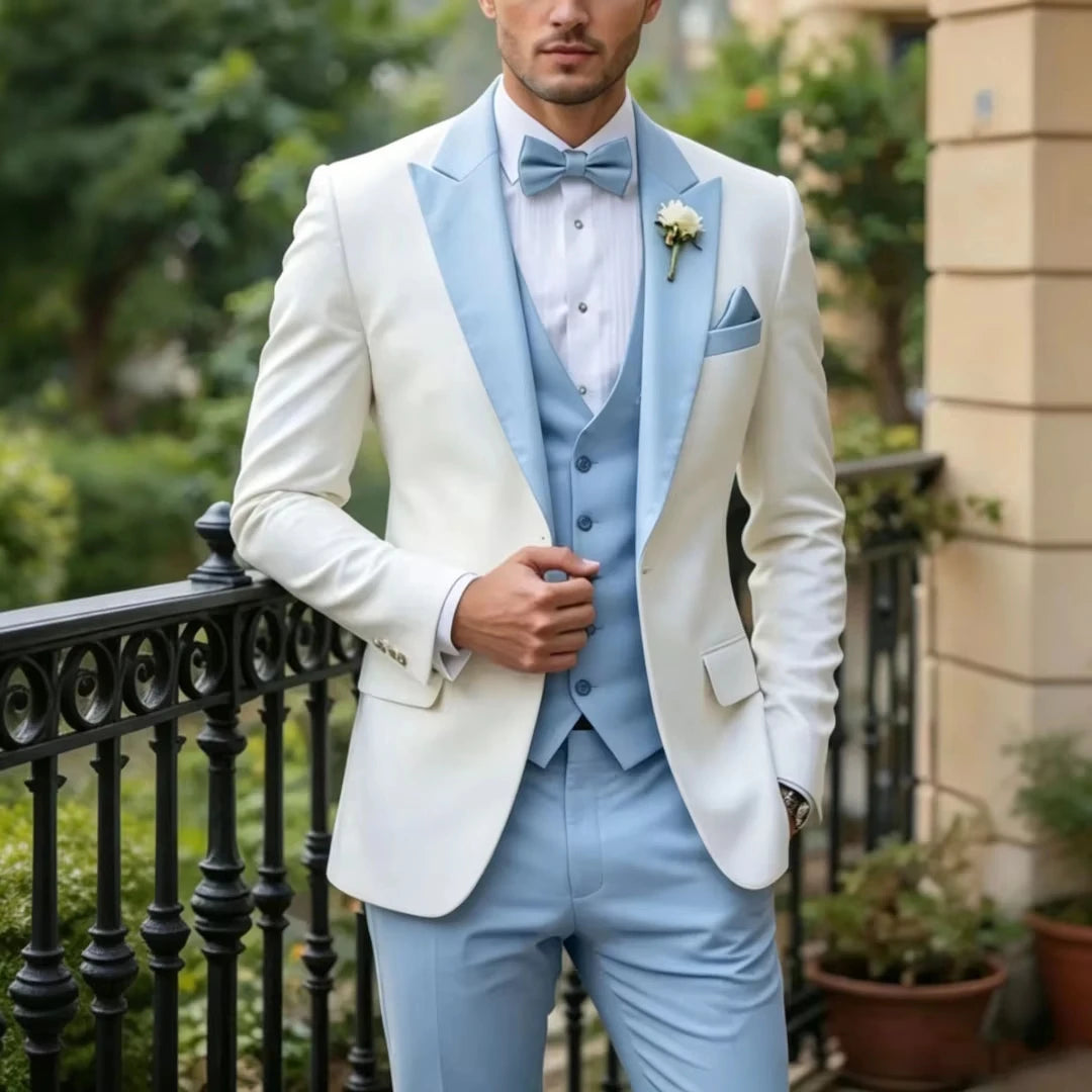 Voguable  Men Suit White 3 Pieces Single Button With Lapel For Wedding Birthday Banquet Party Business Work Office Jacket Vest Pant voguable